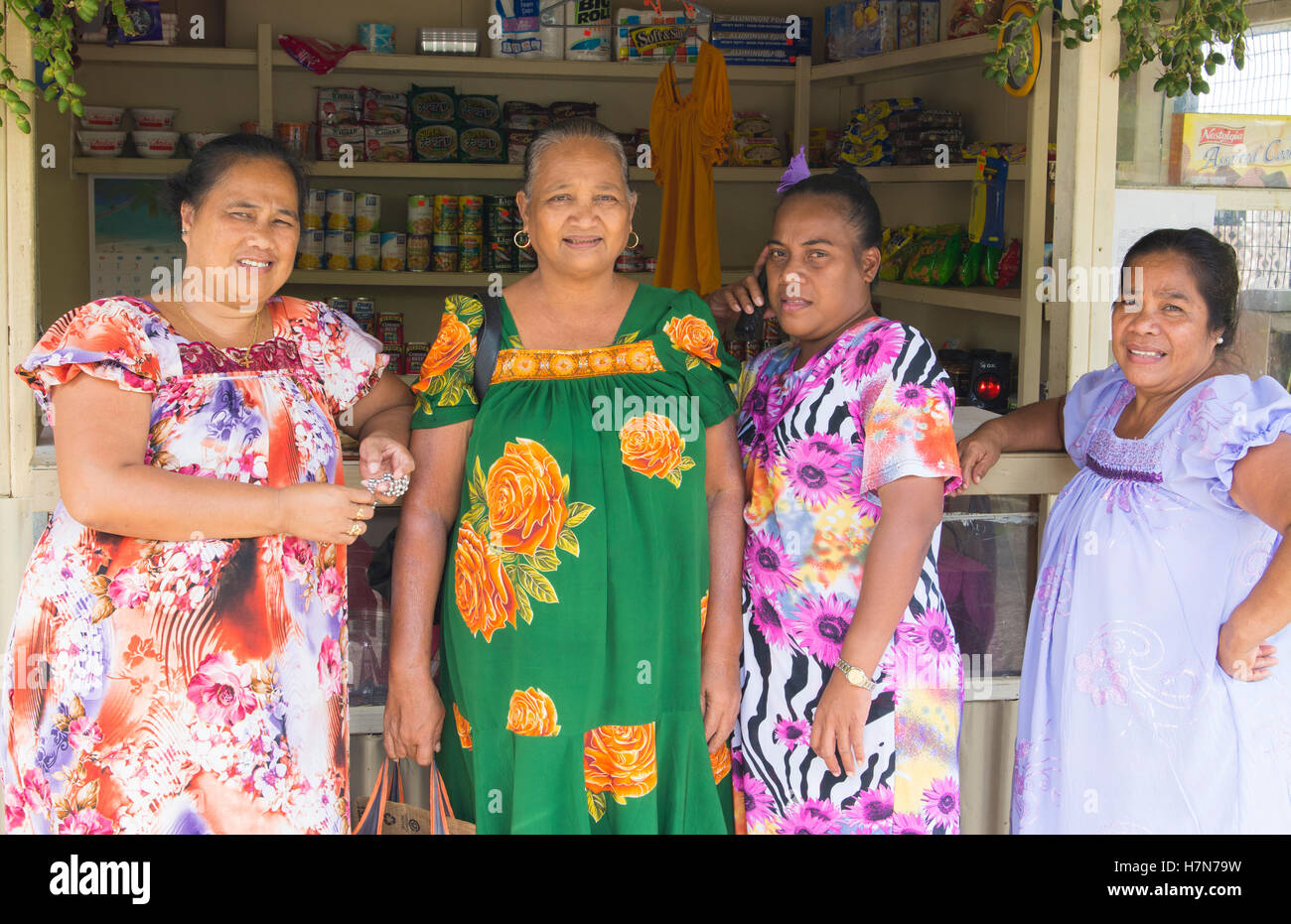 Pohnpei Micronesia four women friends with traditional dress at market Stock Photo