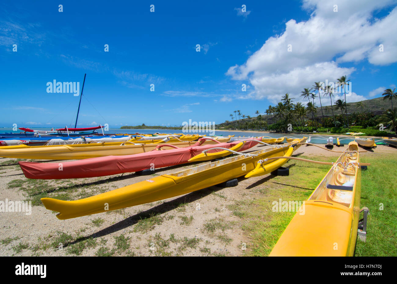 Honolulu Hawaii Oahu Outrigger canoes at Maunalua Bay in South Oahu