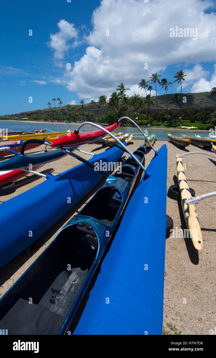 Honolulu Hawaii Oahu Outrigger canoes at Maunalua Bay in South Oahu