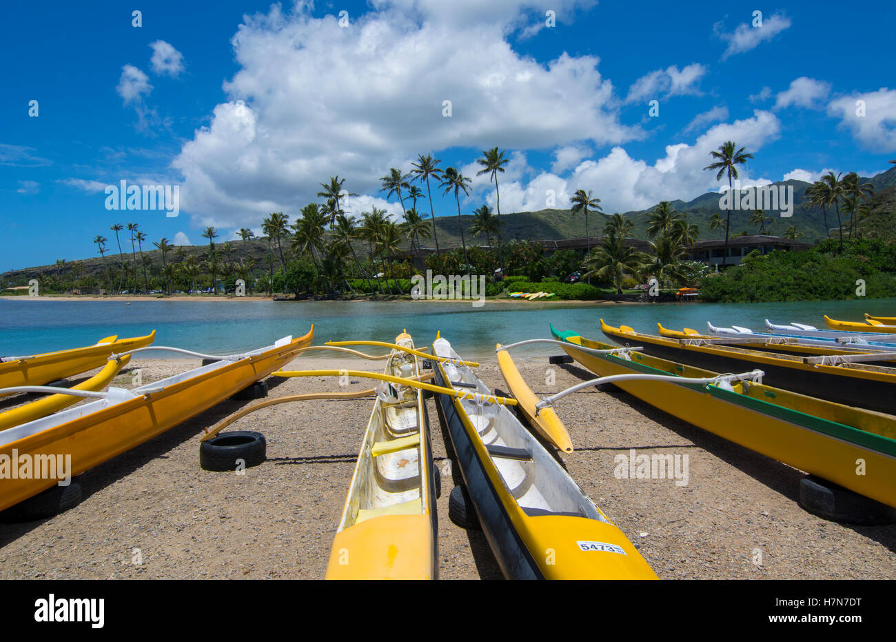 Honolulu Hawaii Oahu Outrigger canoes at Maunalua Bay in South Oahu