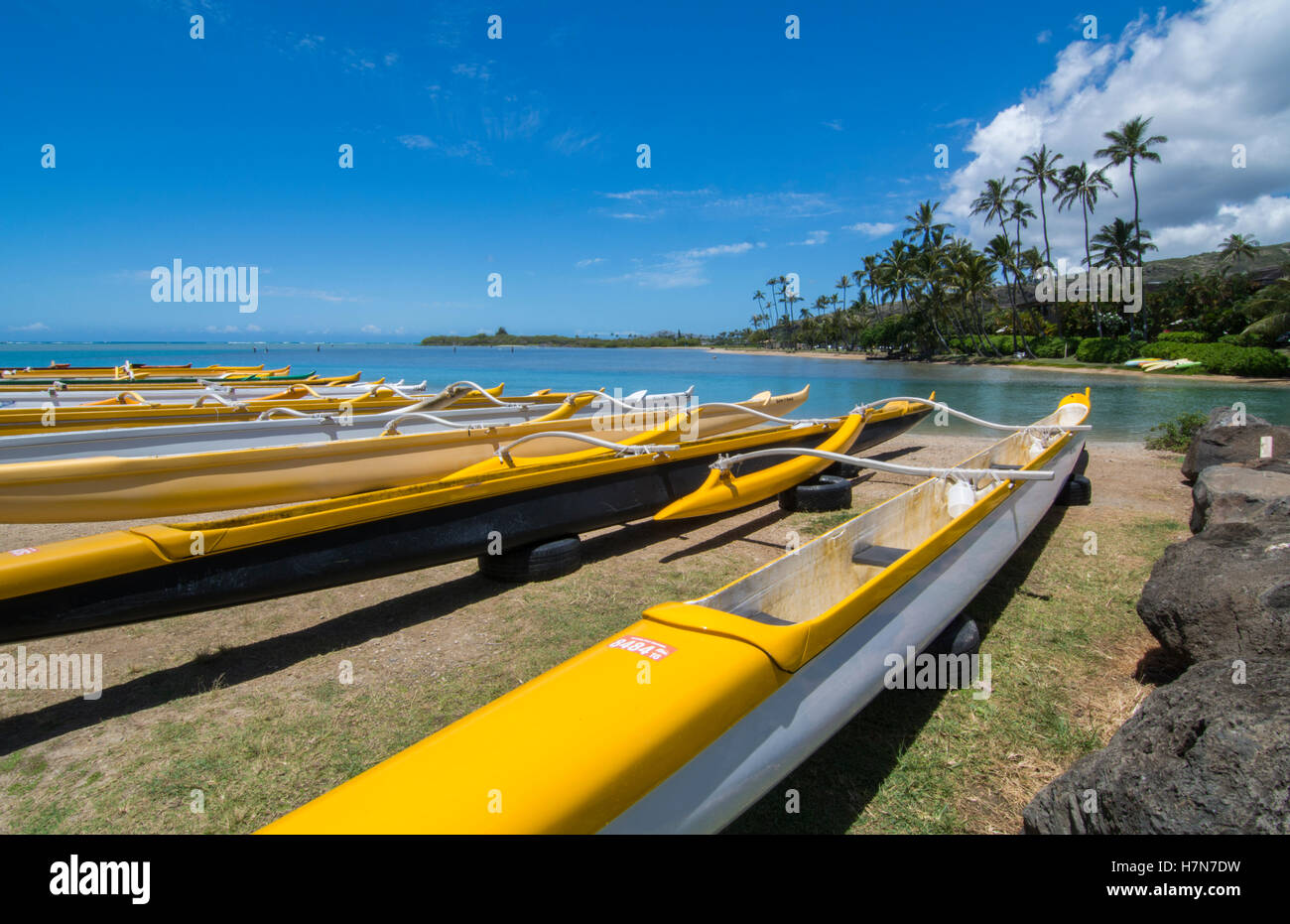 Honolulu Hawaii Oahu Outrigger canoes at Maunalua Bay in South Oahu