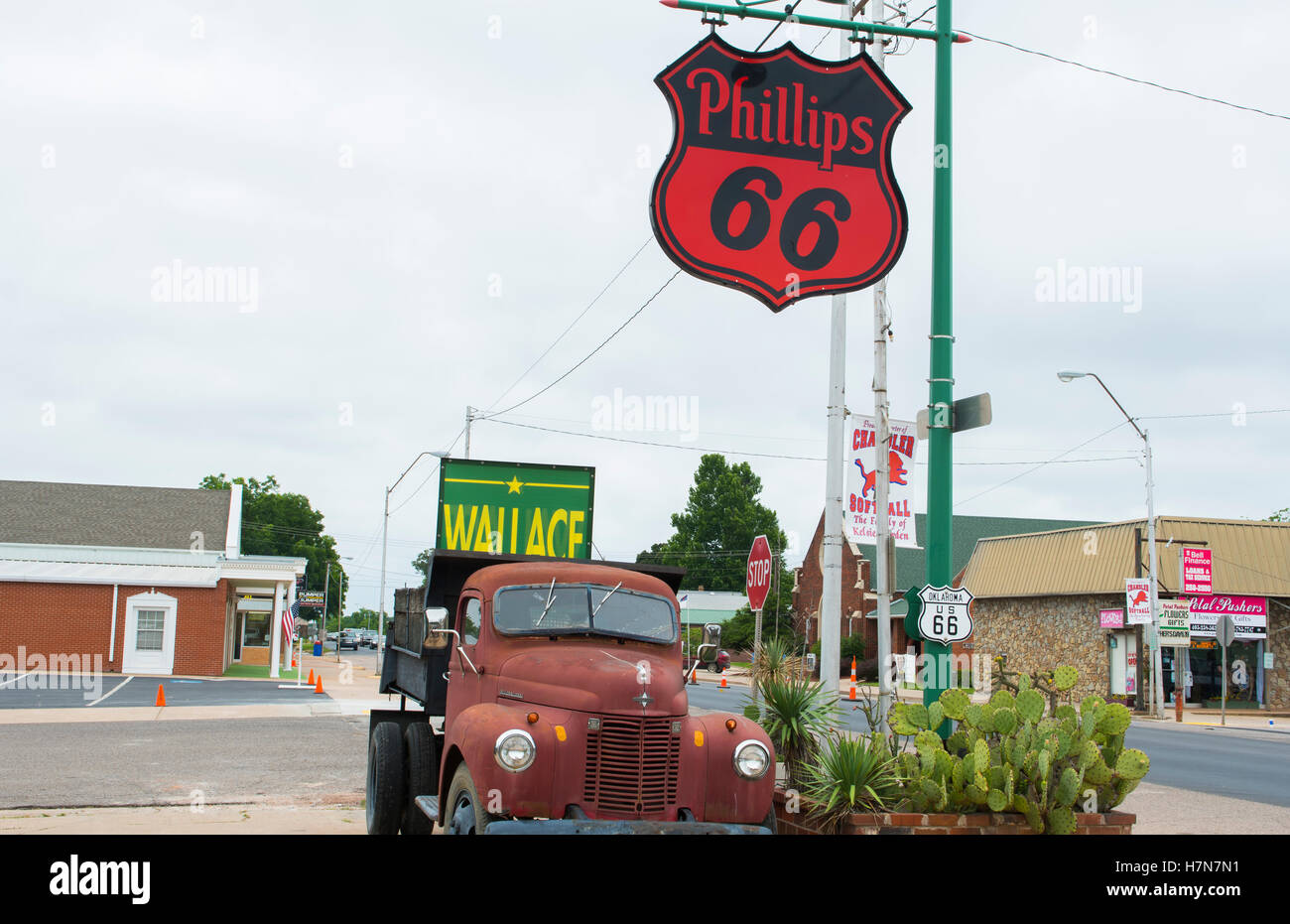 Chandler Oklahoma old historical Route 66 old Phillips 66 gas station and 50s rusted truck kicks