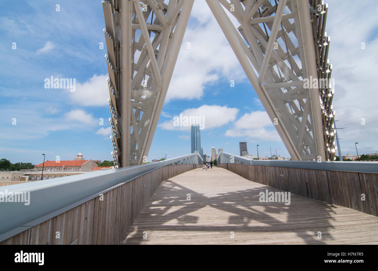 Oklahoma City Oklahoma OKC City scape and the new Sky Dance Bridge over Expressway with skyline Stock Photo