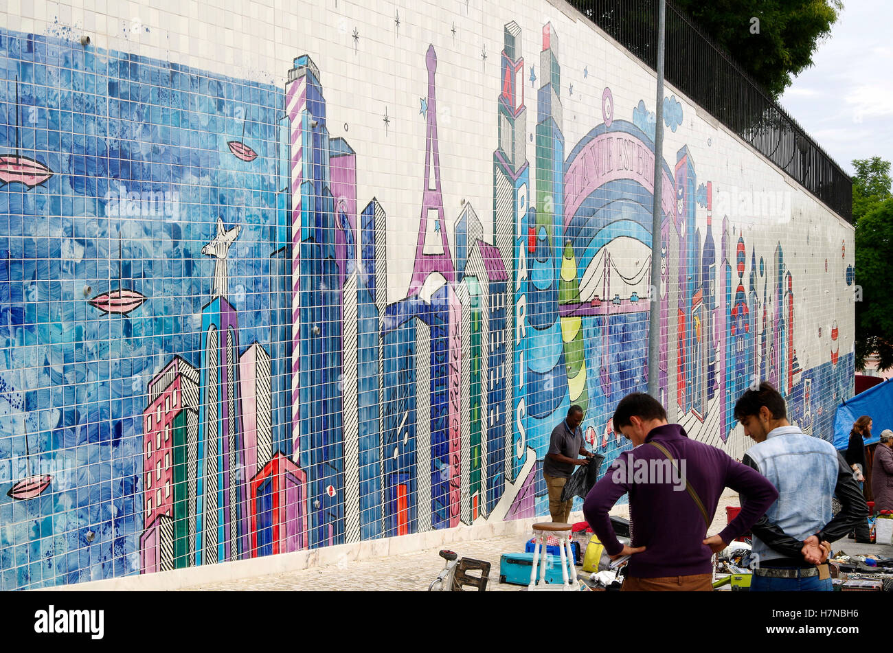 Brightened with a huge painting in azulejos hand painted ceramic tiles hires stock photography