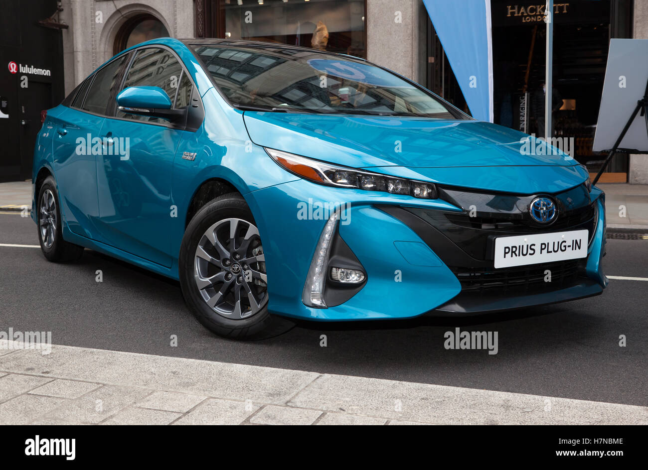 The 2017 Toyota Prius Prime plug-in hybrid on display in the Low Emission Motoring Zone, of the 2016 Regents Street Motor Show Stock Photo
