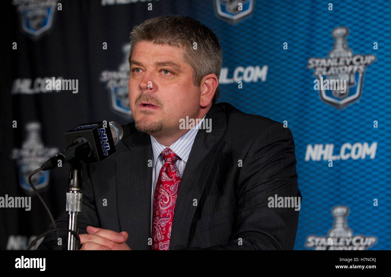 May 22, 2011; San Jose, CA, USA; San Jose Sharks head coach Todd McLellan addresses the media after game four of the western conference finals of the 2011 Stanley Cup playoffs against the Vancouver Canucks at HP Pavilion. The Canucks defeated the Sharks 4-2. Stock Photo