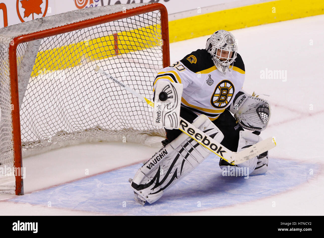 June 4, 2011; Vancouver, BC, CANADA; Boston Bruins goalie Tim Thomas (30) warms up before game two of the 2011 Stanley Cup Finals against the Vancouver Canucks at Rogers Arena. Vancouver defeated Boston 3-2 in overtime. Stock Photo