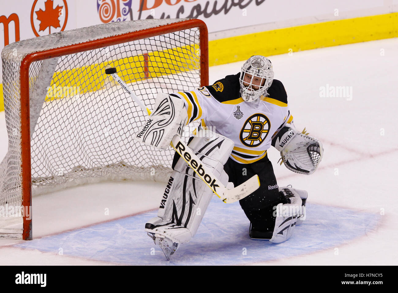 June 4, 2011; Vancouver, BC, CANADA; Boston Bruins goalie Tim Thomas (30) warms up before game two of the 2011 Stanley Cup Finals against the Vancouver Canucks at Rogers Arena. Vancouver defeated Boston 3-2 in overtime. Stock Photo