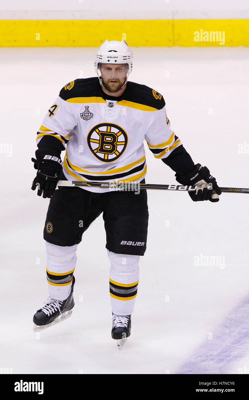 June 4, 2011; Vancouver, BC, CANADA; Boston Bruins defenseman Dennis Seidenberg (44) warms up before game two of the 2011 Stanley Cup Finals against the Vancouver Canucks at Rogers Arena. Vancouver defeated Boston 3-2 in overtime. Stock Photo