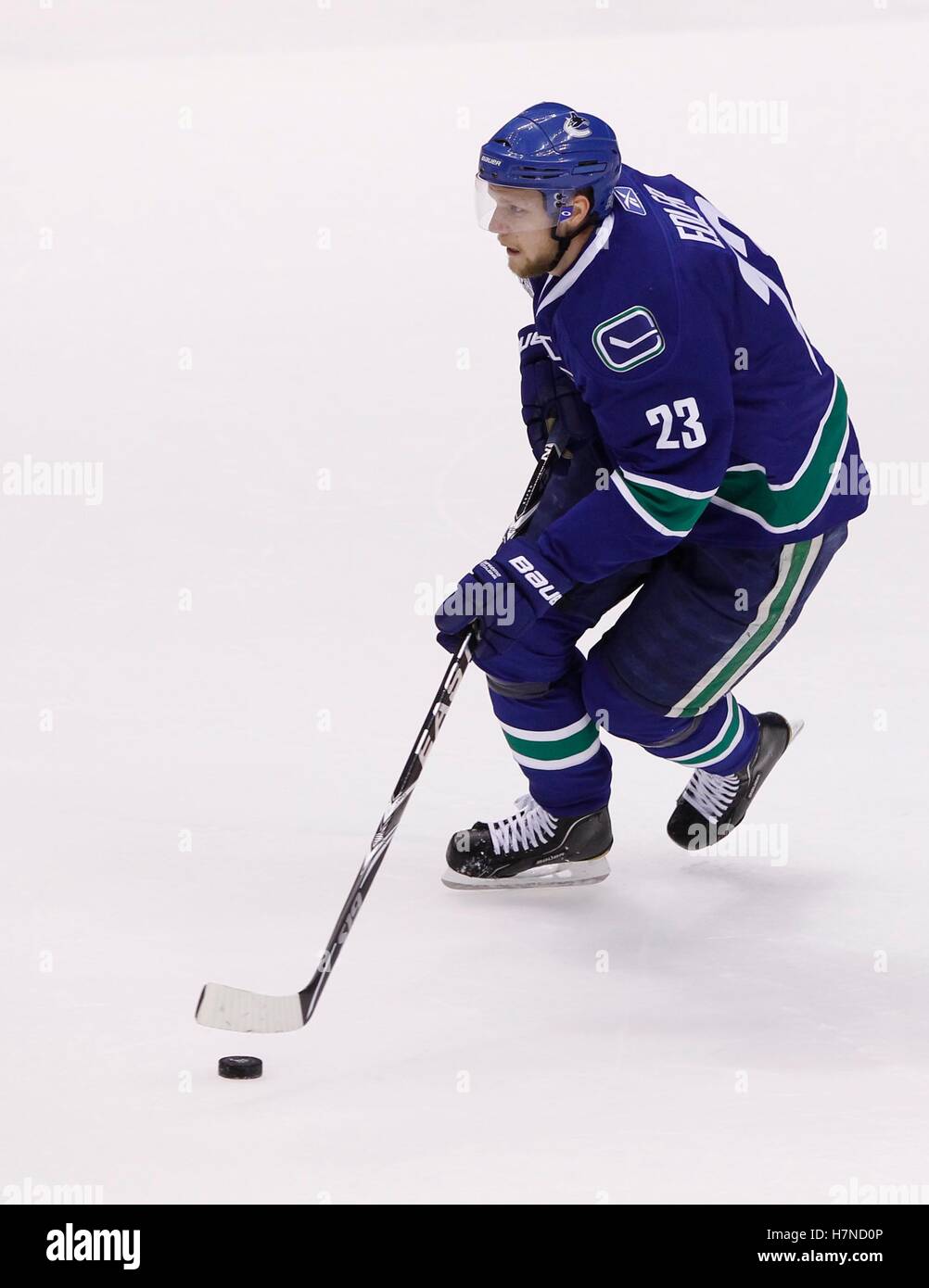 June 4, 2011; Vancouver, BC, CANADA; Vancouver Canucks defenseman Alexander Edler (23) during game two of the 2011 Stanley Cup Finals against the Boston Bruins at Rogers Arena. The Canucks won 3-2 in overtime. Stock Photo
