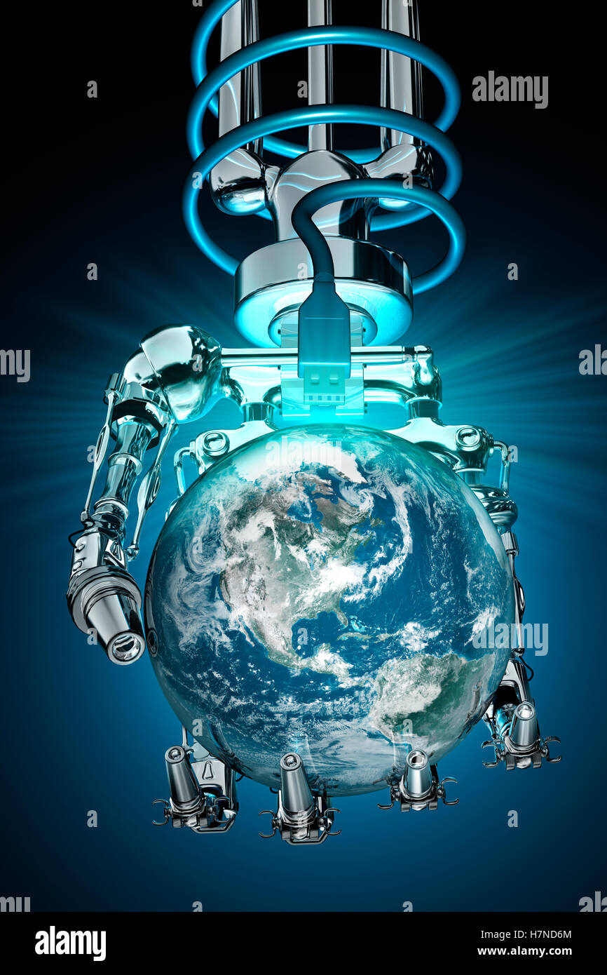 robotic hand holding earth concept Stock Photo