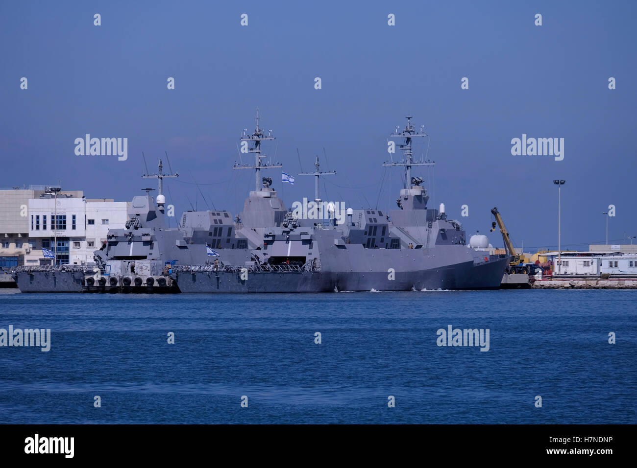 Sa'ar 5 class missile сorvettes of the IDF Israeli Navy anchored at the Port of Haifa Israel's largest seaport. Israel Stock Photo