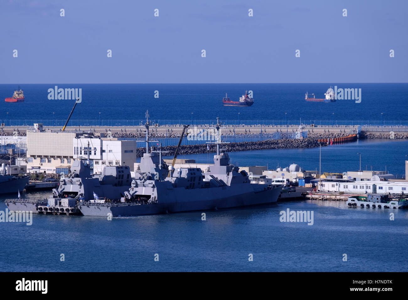 Sa'ar 5 class missile сorvettes of the Israeli Navy anchored at the Port of Haifa Israel's largest seaport. Israel Stock Photo