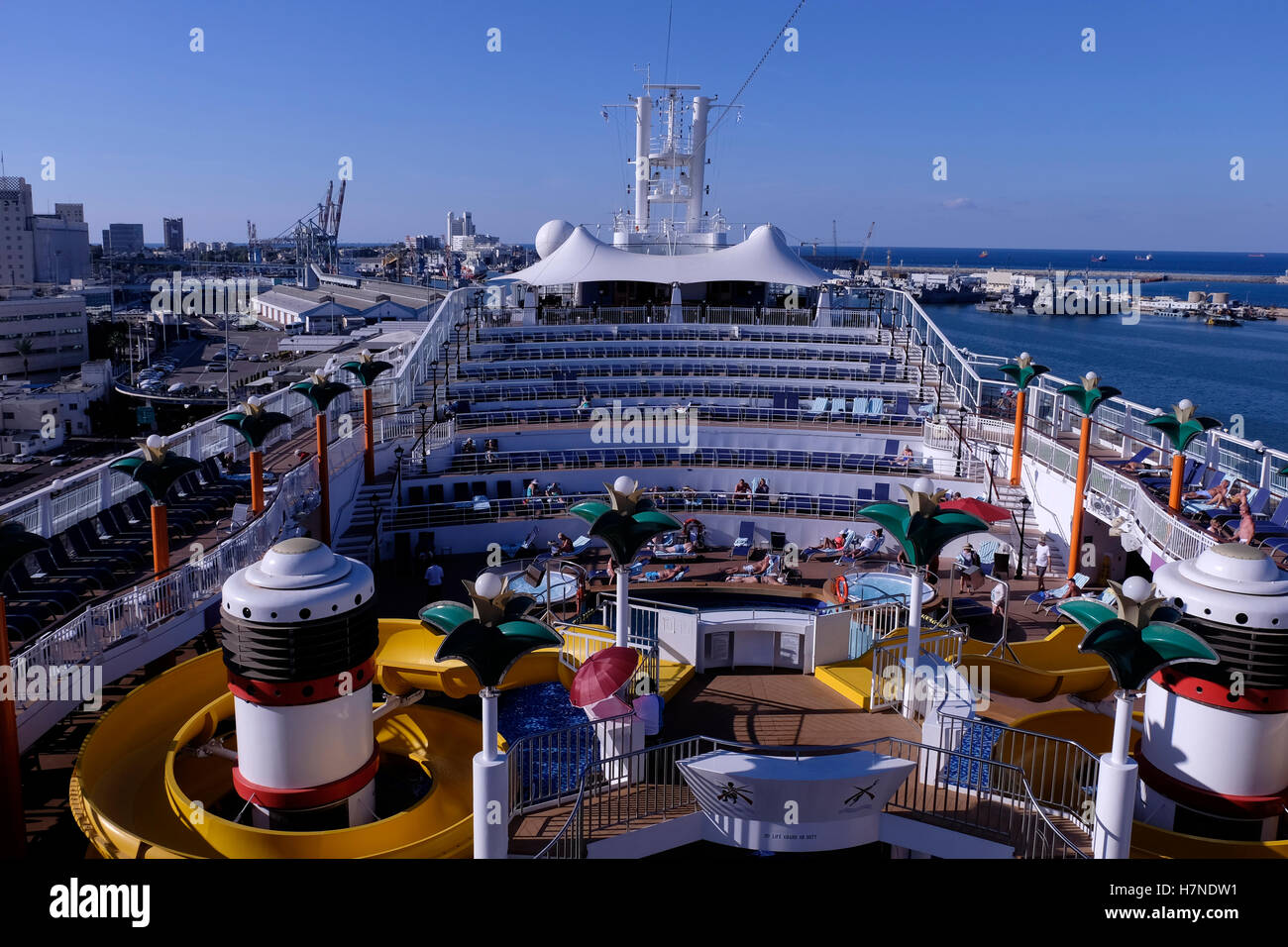 View Of The Swimming Pool With Water Slides Of The Norwegian Star A Dawn Class Cruise Ship Operated By Norwegian Cruise Line Anchored In Haifa Port Israel Stock Photo Alamy
