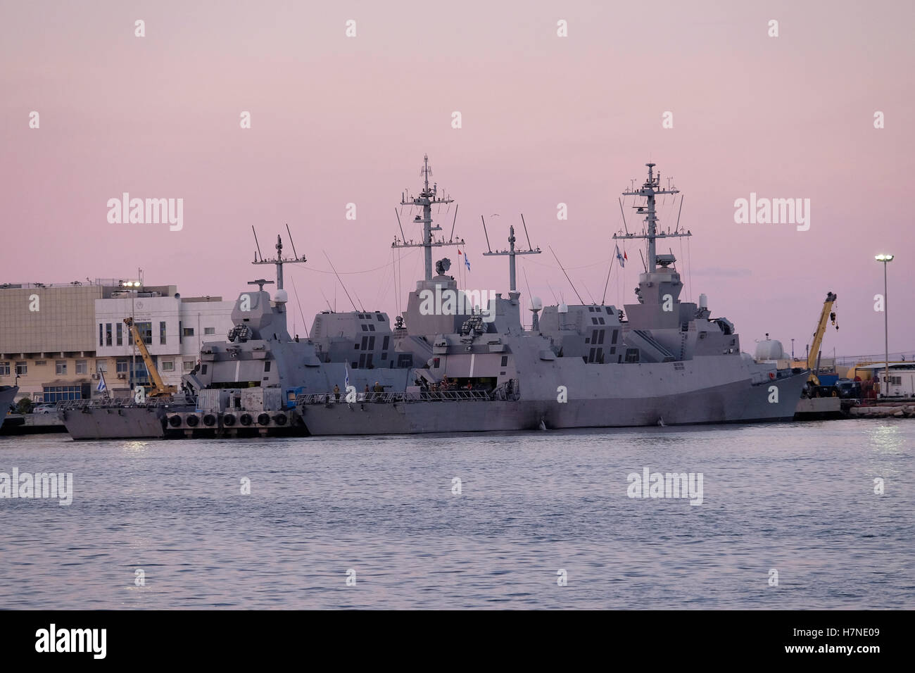 Sa'ar 5 class missile сorvettes of the Israeli Navy anchored at the Port of Haifa Israel's largest seaport. Israel Stock Photo