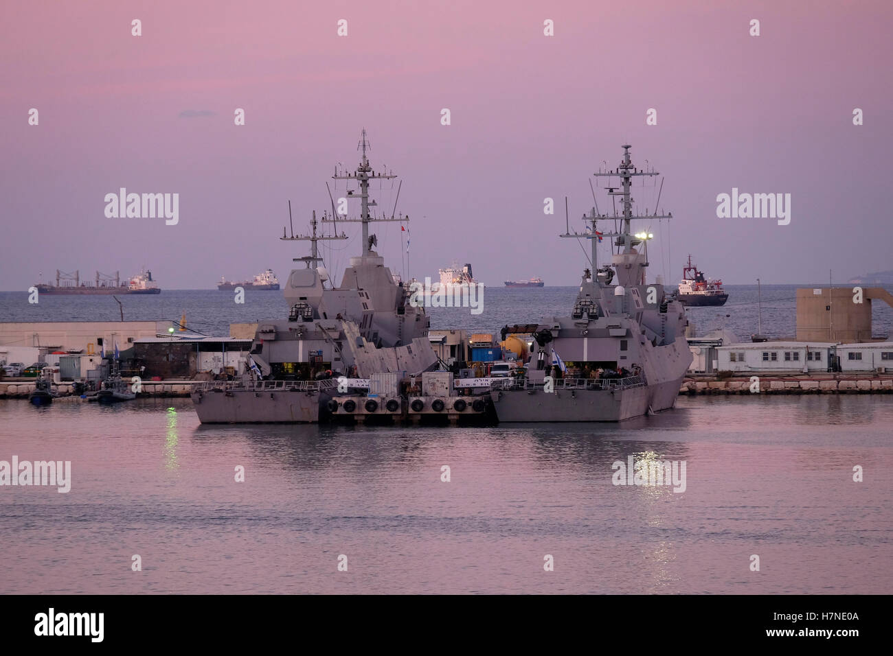 Sa'ar 5 class missile сorvettes of the Israeli Navy anchored at the Port of Haifa Israel's largest seaport. Israel Stock Photo