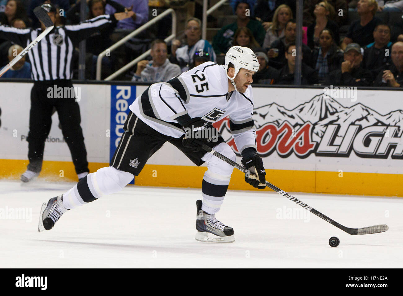 Nov 7, 2011; San Jose, CA, USA; Los Angeles Kings left wing Dustin Penner (25) skates with the puck on a break away against the San Jose Sharks during the first period at HP Pavilion. Stock Photo