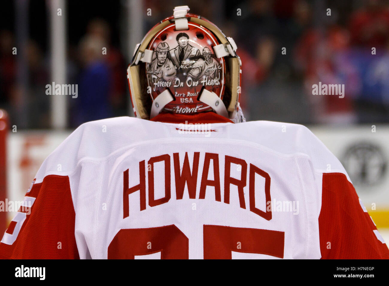 Nov 17, 2011; San Jose, CA, USA; Detroit Red Wings goalie Jimmy Howard (35) warms up before the game against the San Jose Sharks at HP Pavilion. San Jose defeated Detroit 5-2. Stock Photo
