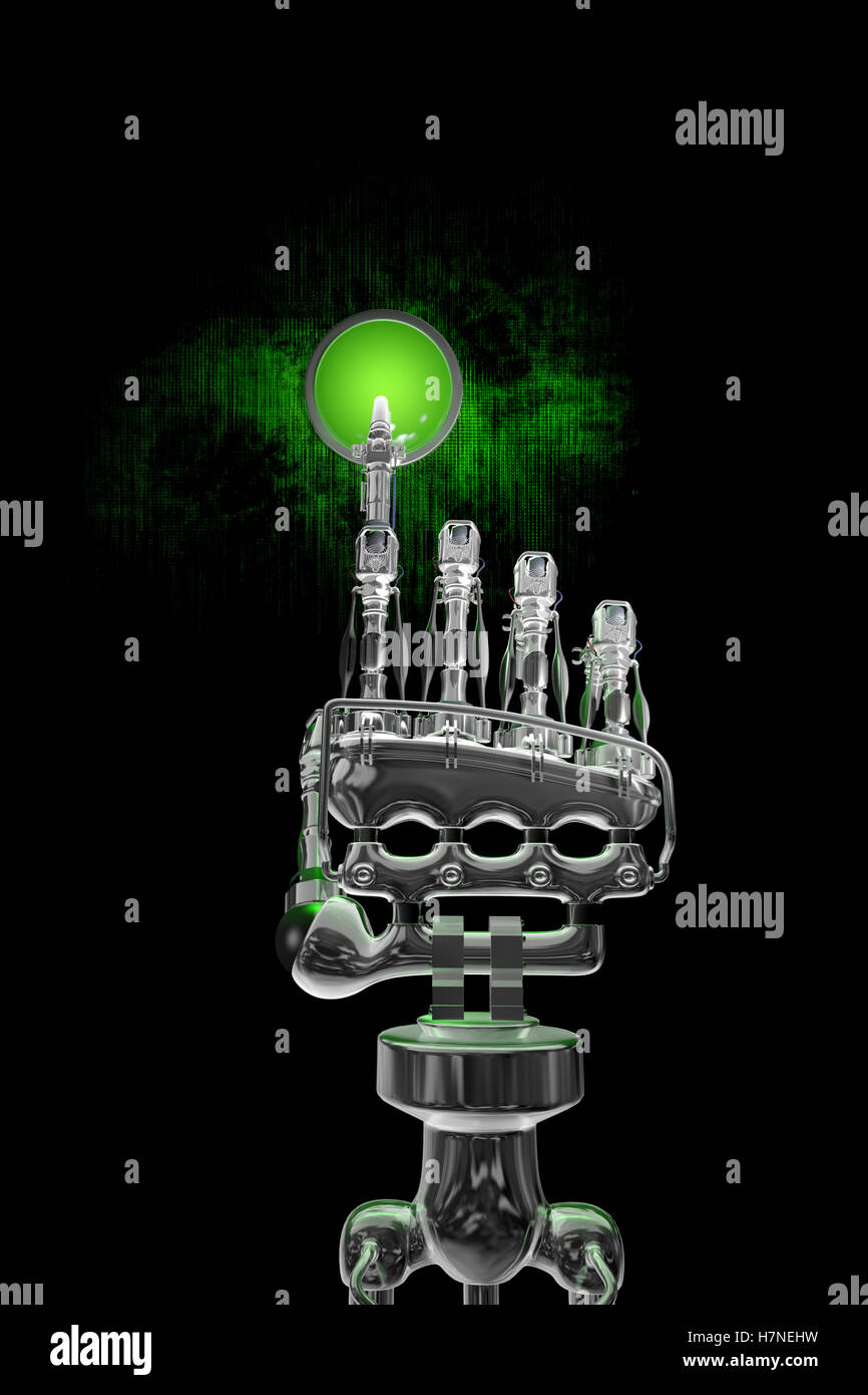 Robotic arm pressing green button Stock Photo