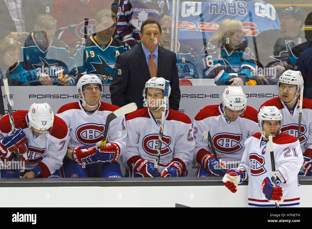 Dec 1, 2011; San Jose, CA, USA; Montreal Canadiens head coach Jacques Martin stands behind the bench against the San Jose Sharks during the first period at HP Pavilion. Stock Photo