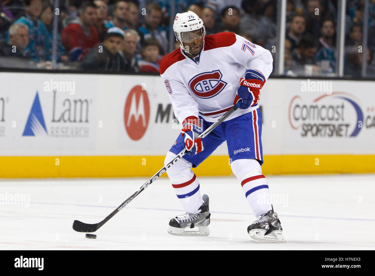 Dec 1, 2011; San Jose, CA, USA; Montreal Canadiens defenseman P.K. Subban (76) skates with the puck against the San Jose Sharks during the second period at HP Pavilion. Stock Photo