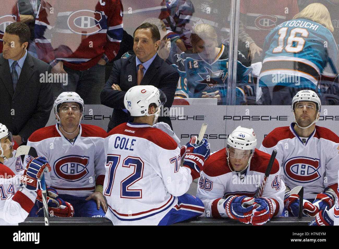 Dec 1, 2011; San Jose, CA, USA; Montreal Canadiens head coach Jacques Martin stands behind the bench during overtime against the San Jose Sharks at HP Pavilion.  San Jose defeated Montreal 4-3 in shootouts. Stock Photo