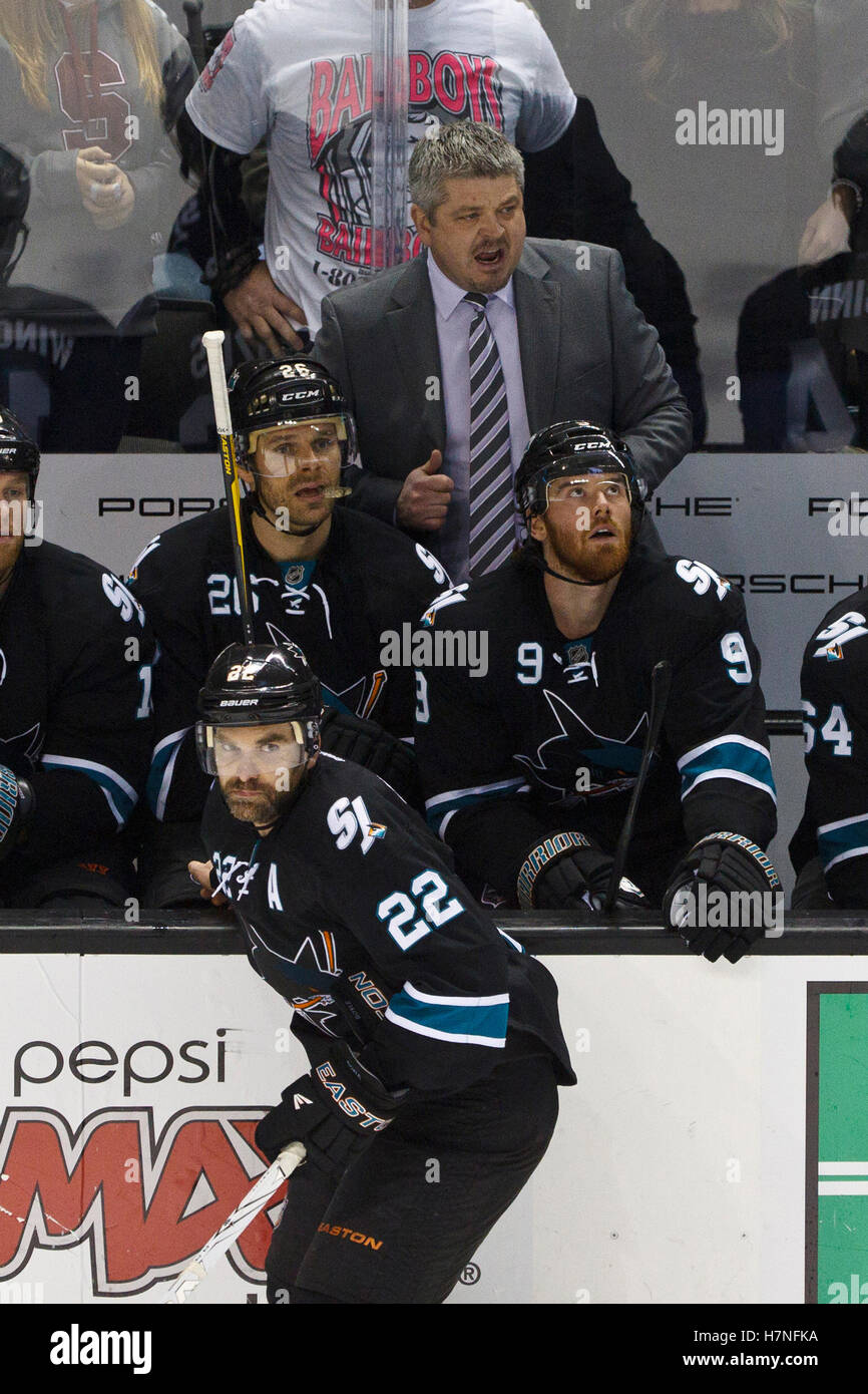 Dec 15, 2011; San Jose, CA, USA; San Jose Sharks head coach Todd McLellan yells from behind the bench against the Colorado Avalanche during the third period at HP Pavilion.  San Jose defeated Colorado 5-4. Stock Photo