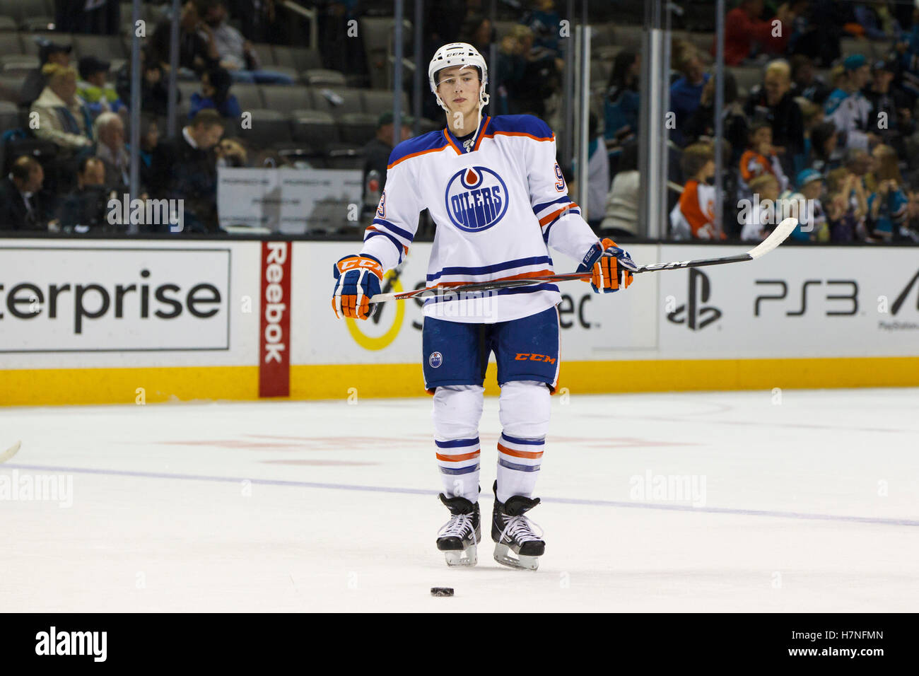 Dec 17, 2011; San Jose, CA, USA; Edmonton Oilers center Ryan Nugent-Hopkins (93) warms up before the game against the San Jose Sharks at HP Pavilion.  San Jose defeated Edmonton 3-2. Stock Photo