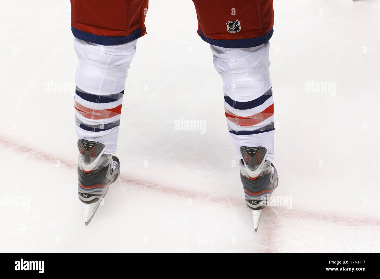Jan 31, 2012; San Jose, CA, USA; Detailed view of the skates of Columbus Blue Jackets right wing Rick Nash (61) before a face off against the San Jose Sharks during the first period at HP Pavilion. San Jose defeated Columbus 6-0. Stock Photo