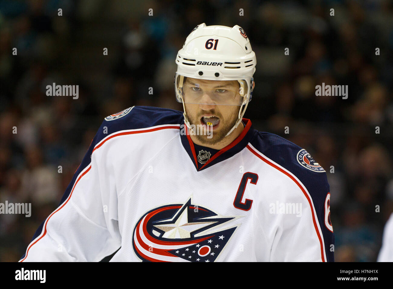 Jan 31, 2012; San Jose, CA, USA; Columbus Blue Jackets right wing Rick Nash (61) before a face off against the San Jose Sharks during the first period at HP Pavilion. San Jose defeated Columbus 6-0. Stock Photo