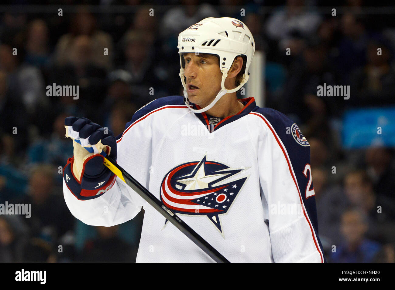 Jan 31, 2012; San Jose, CA, USA; Columbus Blue Jackets left wing Vaclav Prospal (22) before a face off against the San Jose Sharks during the first period at HP Pavilion. San Jose defeated Columbus 6-0. Stock Photo