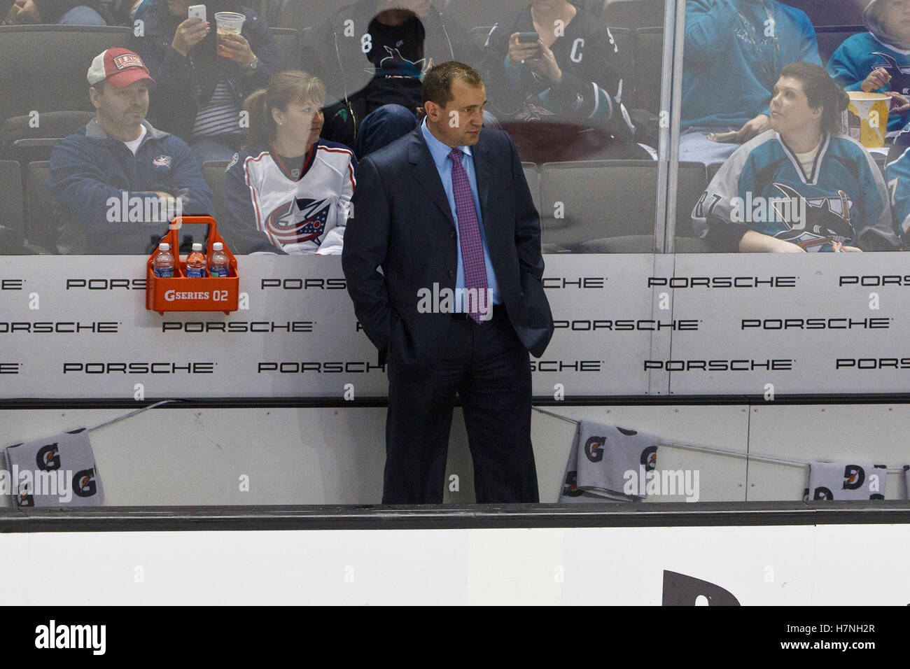 Jan 31, 2012; San Jose, CA, USA; Columbus Blue Jackets head coach Todd Richards stands behind the bench during the third period against the San Jose Sharks at HP Pavilion. San Jose defeated Columbus 6-0. Stock Photo