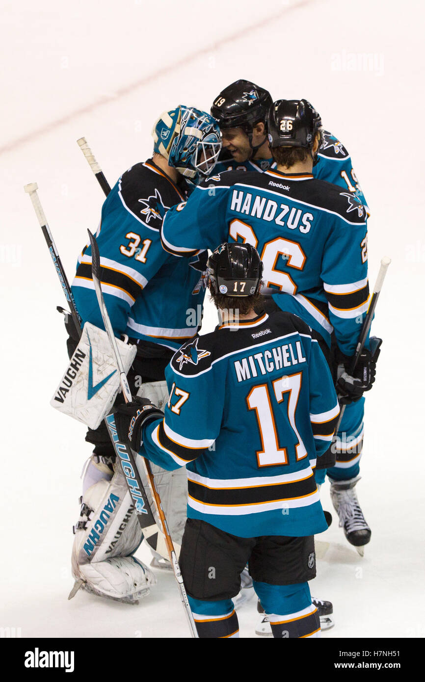 Jan 31, 2012; San Jose, CA, USA; San Jose Sharks goalie Antti Niemi (31) is congratulated by teammates after the game against the Columbus Blue Jackets at HP Pavilion. San Jose defeated Columbus 6-0. Stock Photo