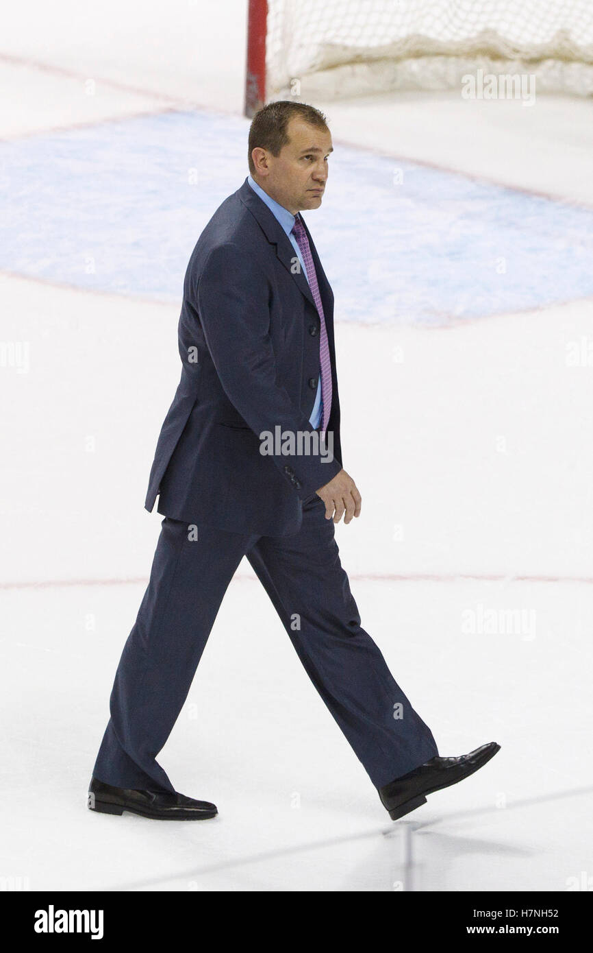 Jan 31, 2012; San Jose, CA, USA; Columbus Blue Jackets head coach Todd Richards walks across the ice to the locker room after the game against the San Jose Sharks at HP Pavilion. San Jose defeated Columbus 6-0. Stock Photo