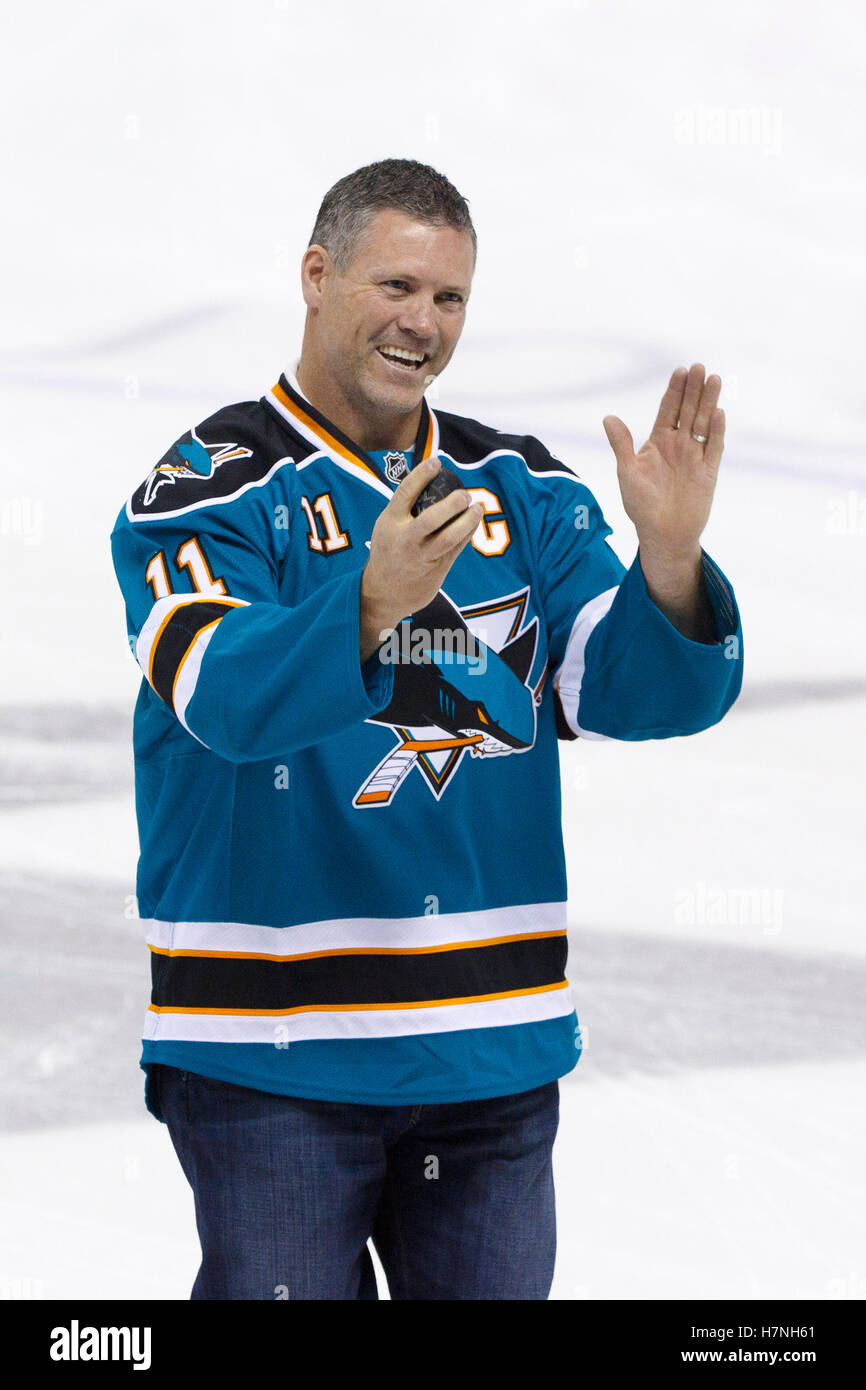 Feb 8, 2012; San Jose, CA, USA; San Jose Sharks former captain Owen Nolan is honored before the game against the Calgary Flames at HP Pavilion. Calgary defeated San Jose 4-3. Stock Photo