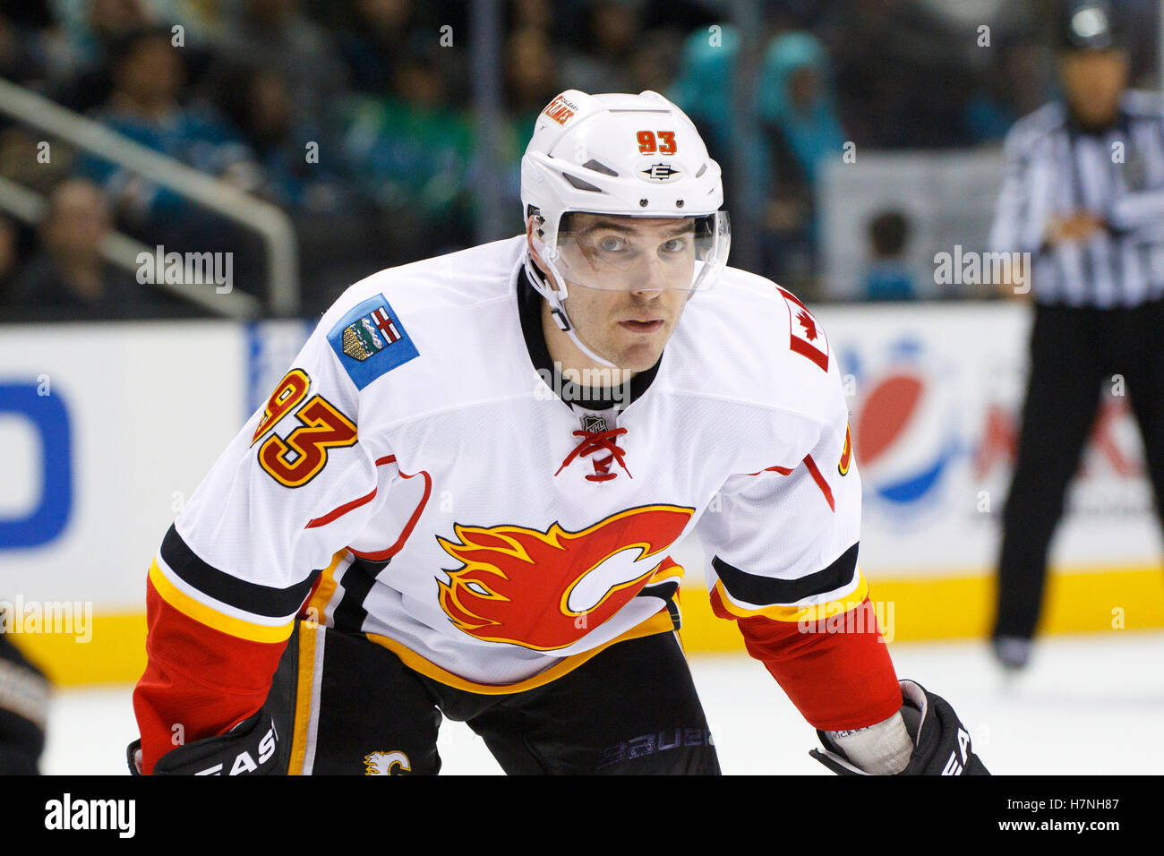 Feb 8, 2012; San Jose, CA, USA; Calgary Flames left wing Mike Cammalleri (93) before a face off against the San Jose Sharks during the second period at HP Pavilion. Calgary defeated San Jose 4-3. Stock Photo