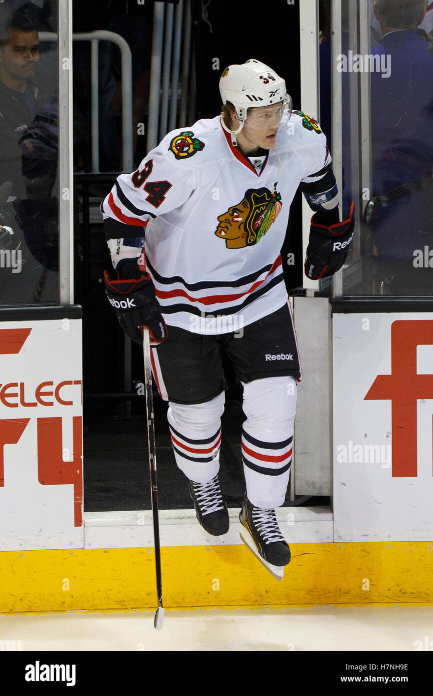 Feb 10, 2012; San Jose, CA, USA; Chicago Blackhawks defenseman Dylan Olsen (34) warms up before the game against the San Jose Sharks at HP Pavilion. San Jose defeated Chicago 5-3. Stock Photo