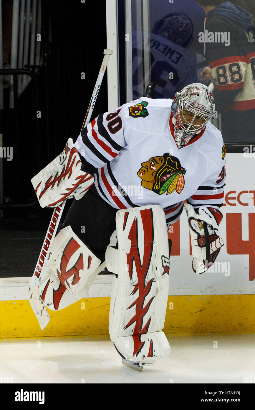 Feb 10, 2012; San Jose, CA, USA; Chicago Blackhawks goalie Ray Emery (30) warms up before the game against the San Jose Sharks at HP Pavilion. San Jose defeated Chicago 5-3. Stock Photo