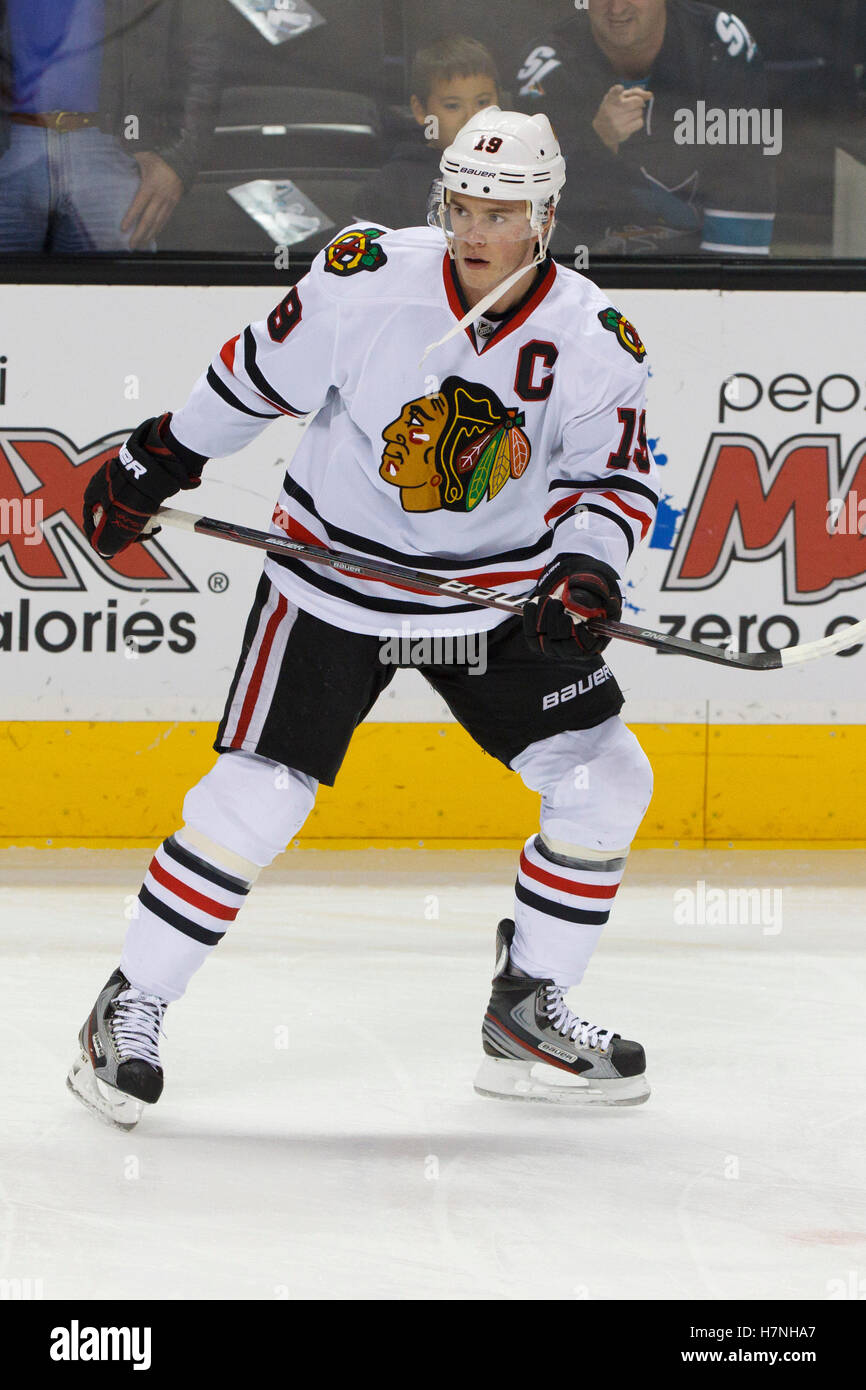 Feb 10, 2012; San Jose, CA, USA; Chicago Blackhawks center Jonathan Toews (19) warms up before the game against the San Jose Sharks at HP Pavilion. San Jose defeated Chicago 5-3. Stock Photo