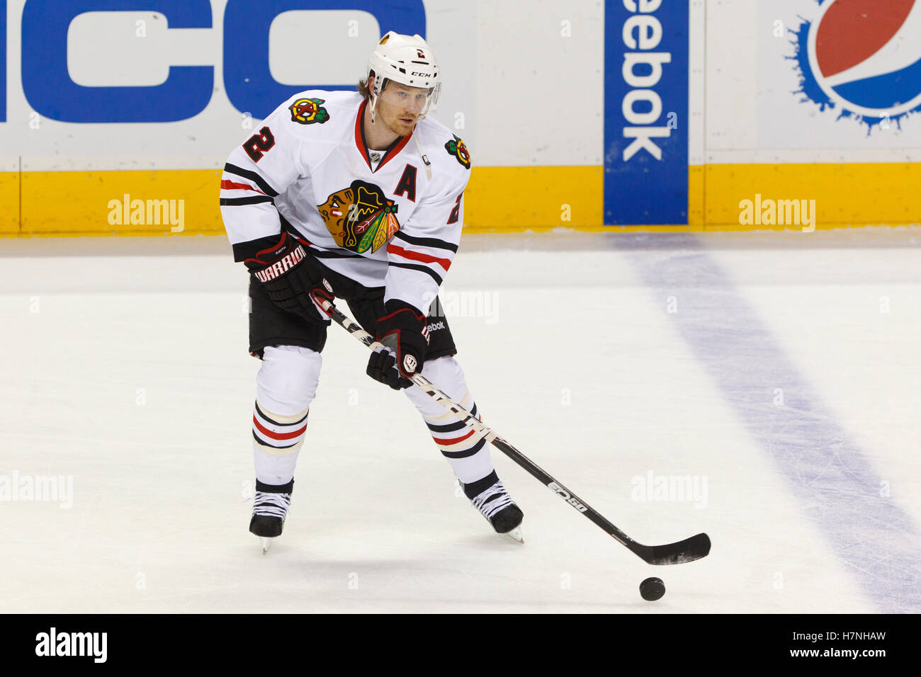 Chicago Blackhawks defender Duncan Keith warms up before an NHL