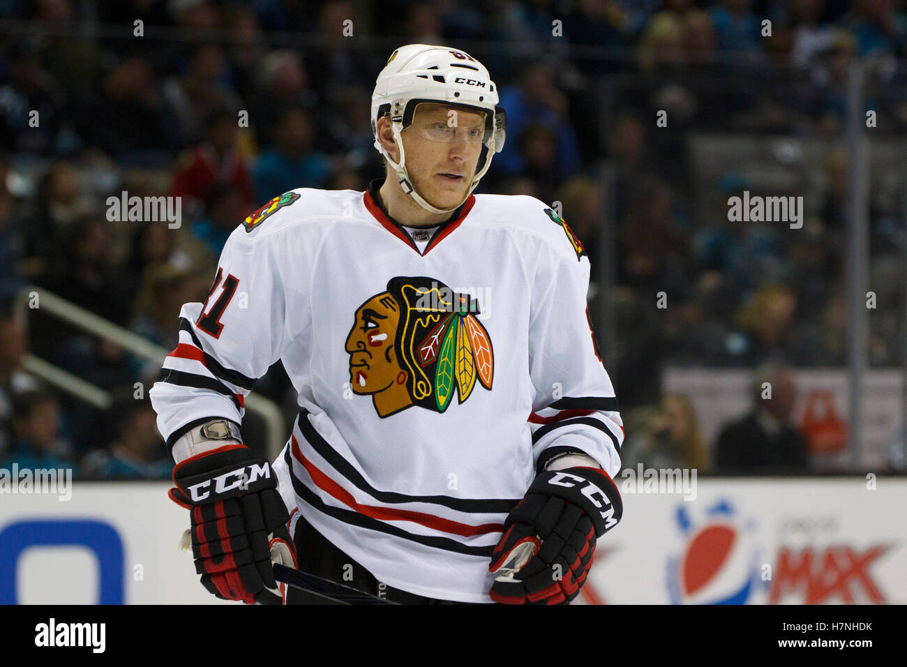 Feb 10, 2012; San Jose, CA, USA; Chicago Blackhawks right wing Marian Hossa (81) before a face off against the San Jose Sharks during the second period at HP Pavilion. San Jose defeated Chicago 5-3. Stock Photo