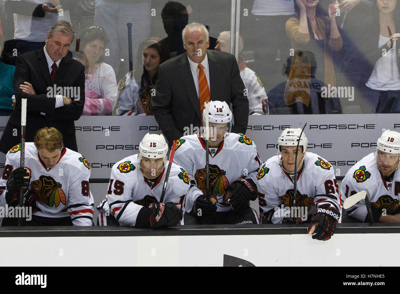Feb 10, 2012; San Jose, CA, USA; Chicago Blackhawks head coach Joel Quenneville stands behind the bench during the third period against the San Jose Sharks at HP Pavilion. San Jose defeated Chicago 5-3. Stock Photo