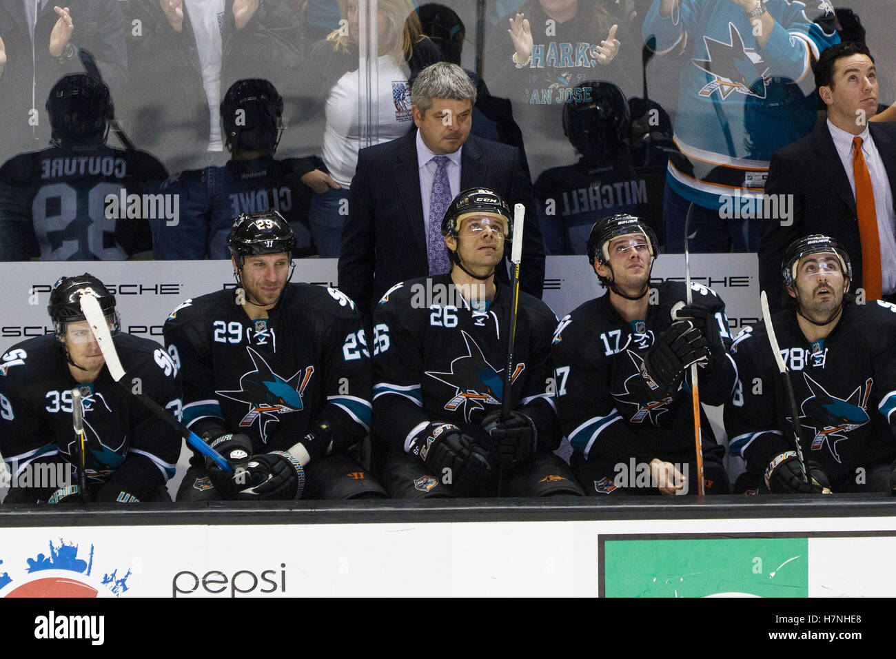 Feb 10, 2012; San Jose, CA, USA; San Jose Sharks head coach Todd McLellan stands behind the bench during the third period against the Chicago Blackhawks at HP Pavilion. San Jose defeated Chicago 5-3. Stock Photo