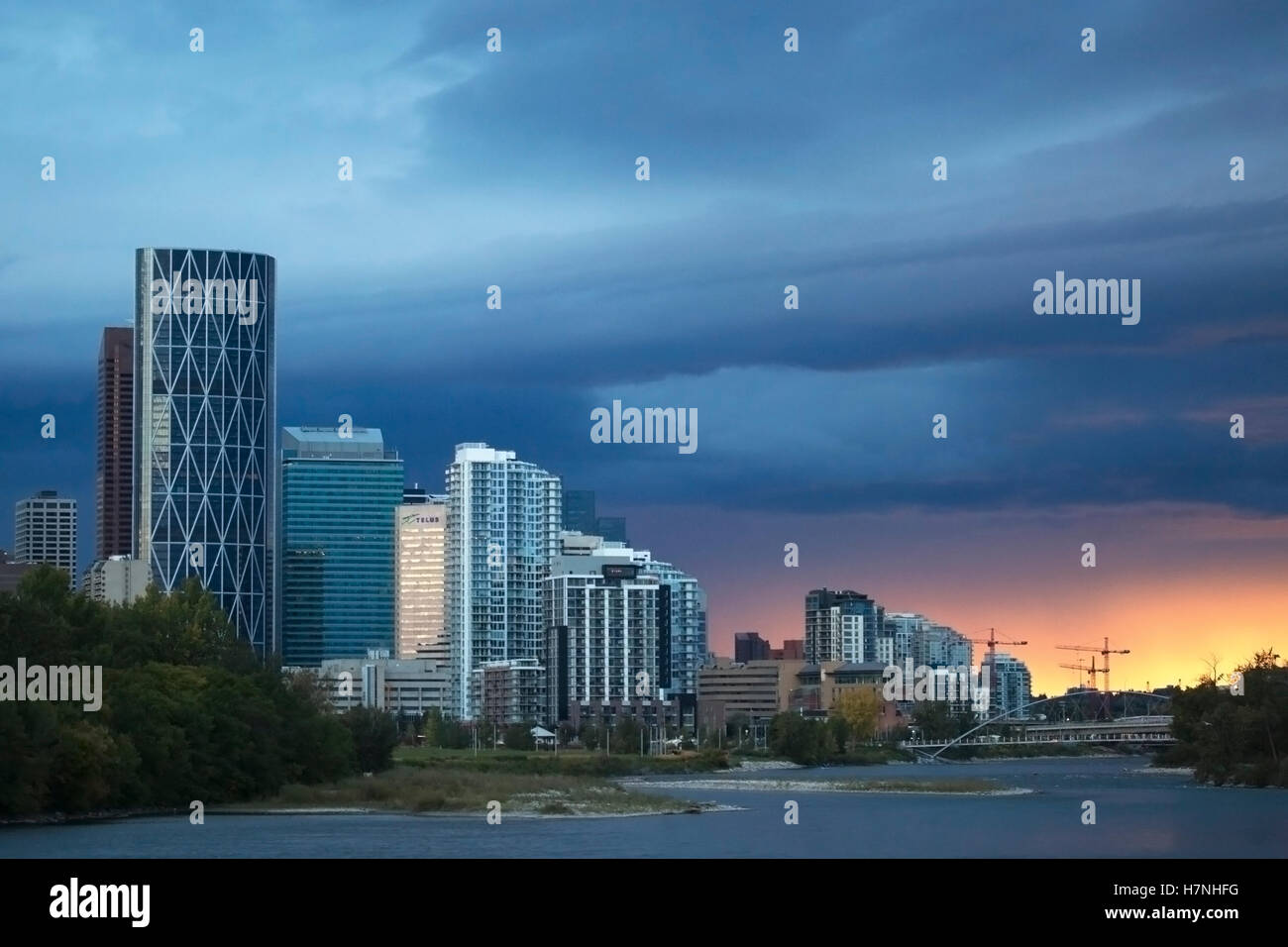 Calgary skyline with view of downtown, East Village and the Bow River ...