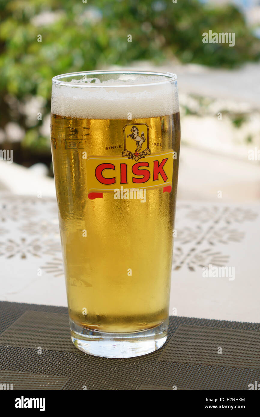 Malta - the popular island-brewed CISK lager beer from Simonds Farsons Cisk plc brewed in Hamrun Stock Photo