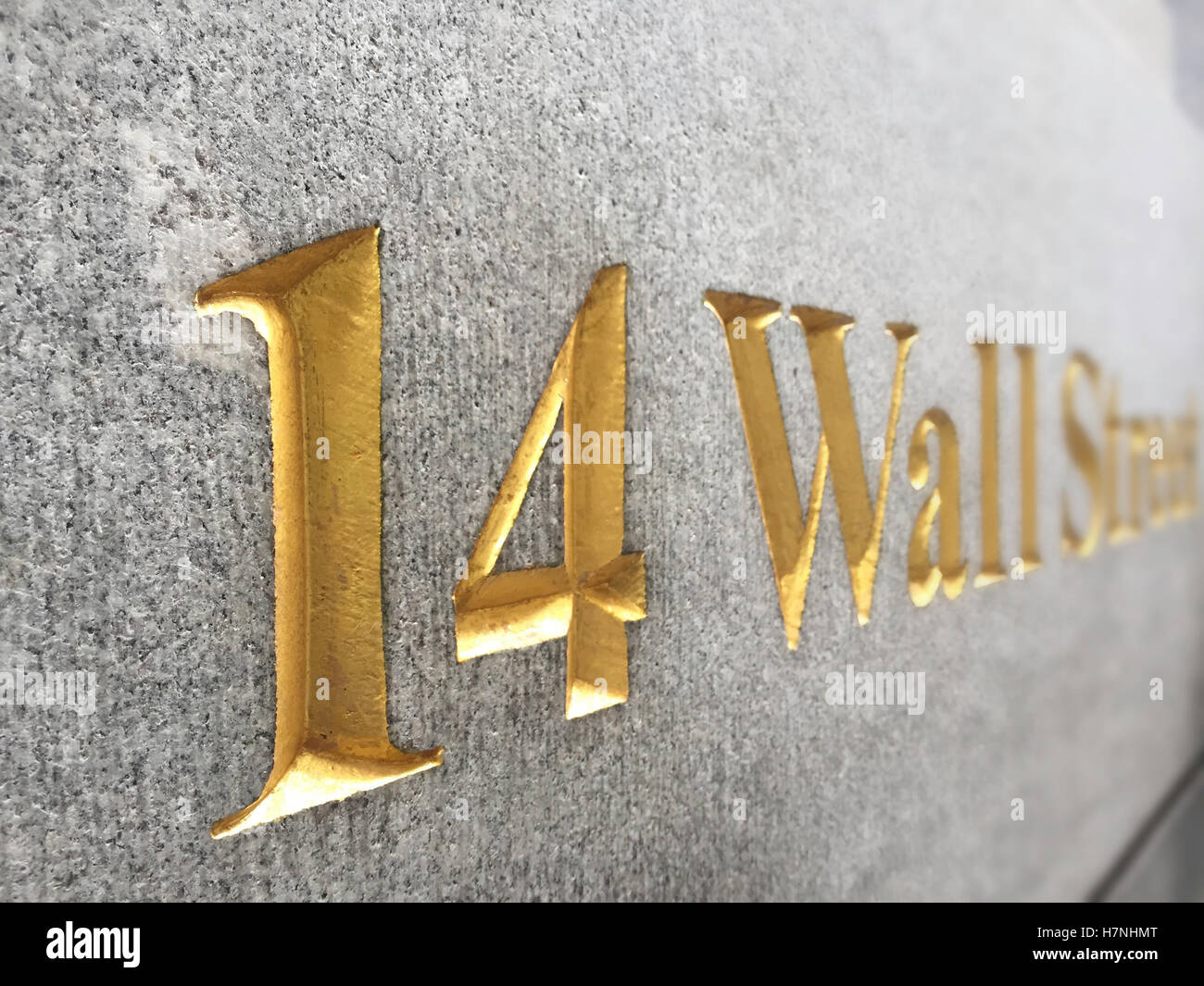 Gold etched lettering marking 14 Wall Street, financial district, NYC Stock Photo