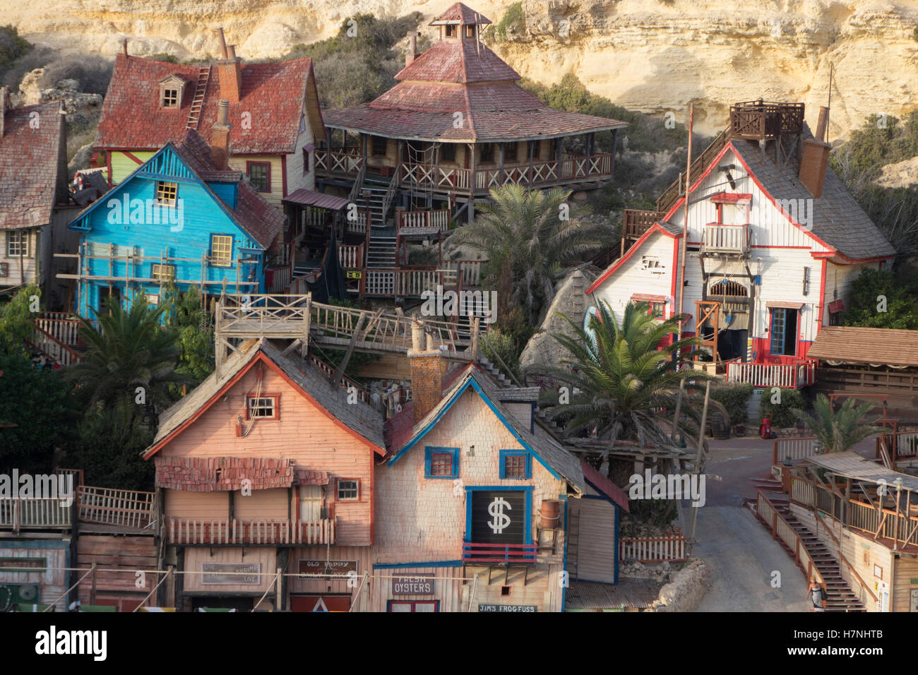 Popeye Village, the preserved 1980 wooden filmset for the musical Popeye, in Malta's Anchor Bay. Stock Photo