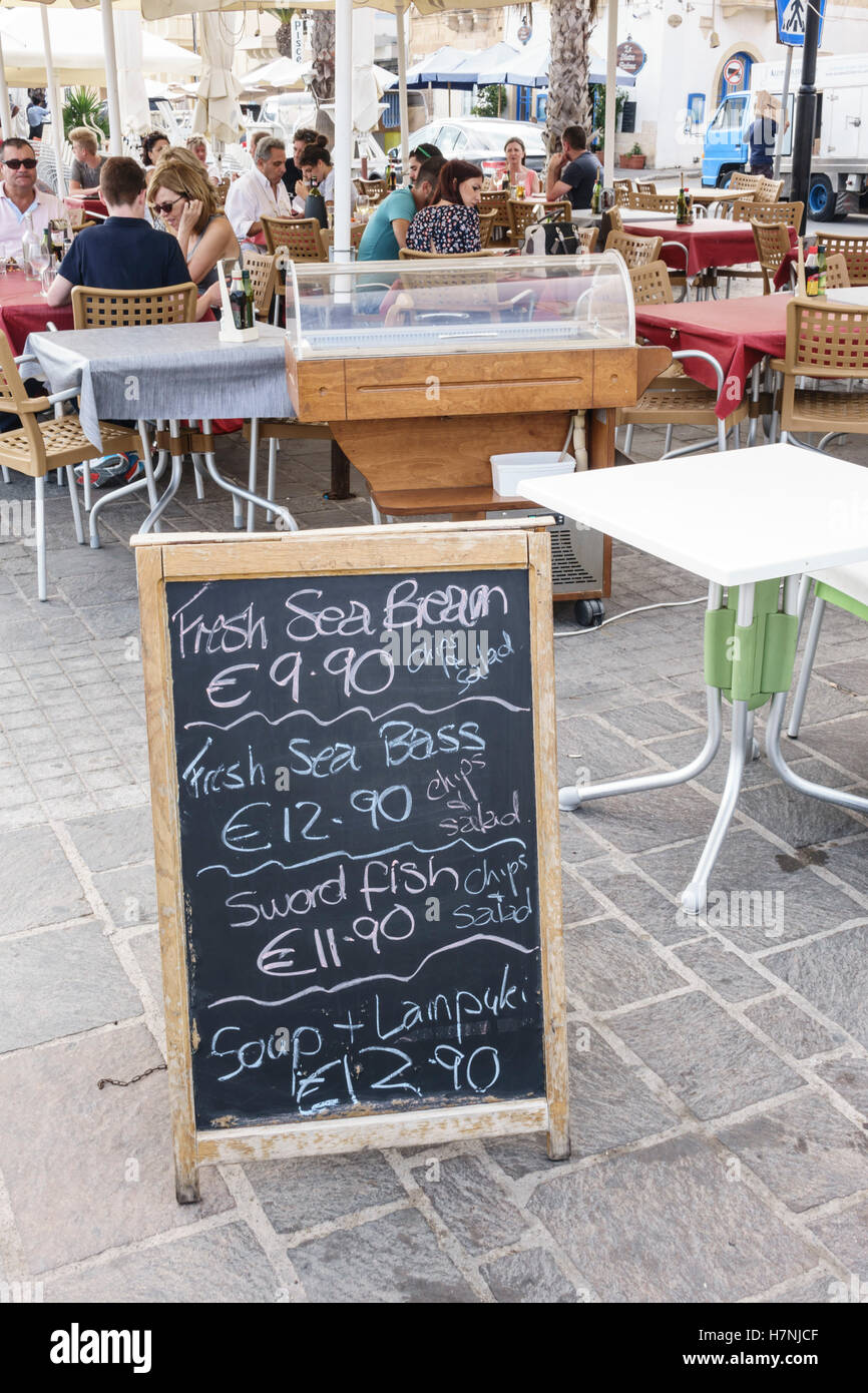 Menu for lunch in Marsaxlokk, local seasonal lampuki (dolphinfish