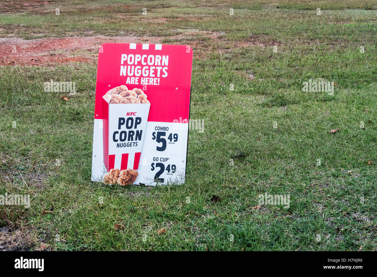 A sign advertising Kentucky Fried Chicken popcorn chicken nuggets in Purcell, Oklahoma, USA. Stock Photo