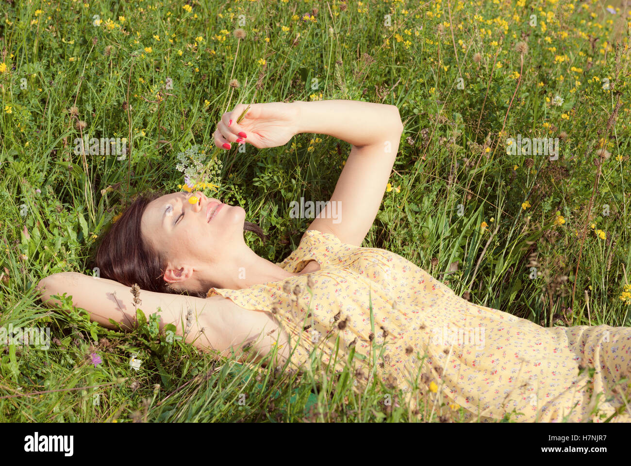 Beautiful girl lying on field of green grass and holding flowers in her ...